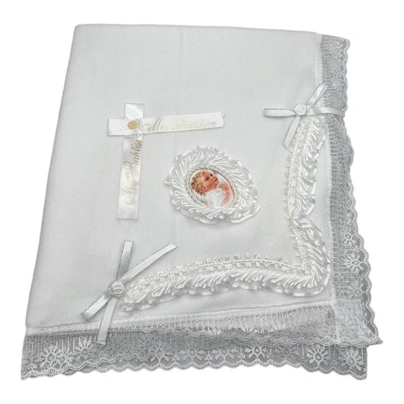 My Baptism Blanket White Christening Blanket Cotton/Fleece With Lace Trim - Picture 1 of 8